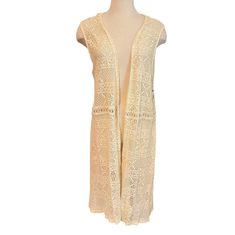Cream Crochet Lace Duster Vest Size 1X Sleeveless Longline Western Boho rodeo